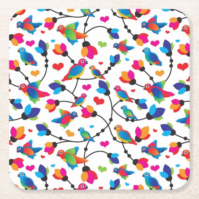 cute colourful parrot bird square paper coaster (Front)