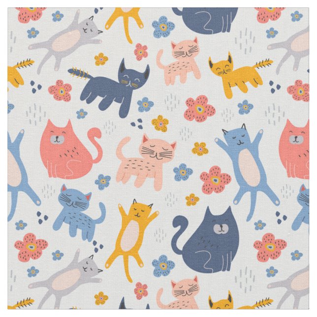 Cute Colourful Pastel Cats Fabric (Close Up)