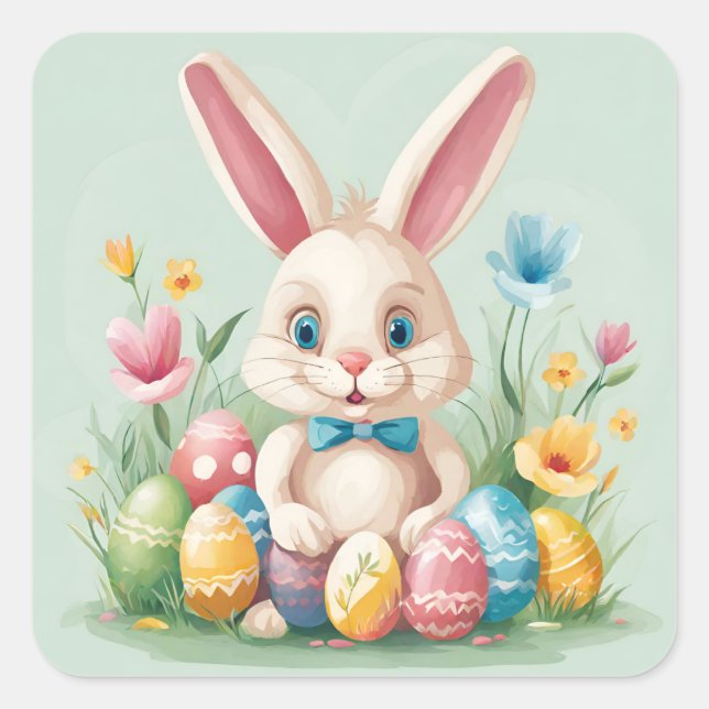 Cute Colourful Pastel Easter Bunny Square Stickers (Front)