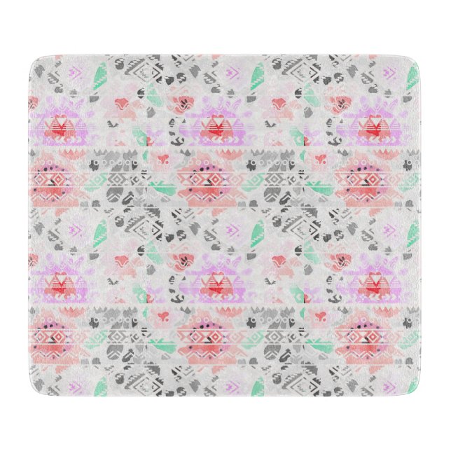 Cute colourful pastel floral aztec cutting board (Front)