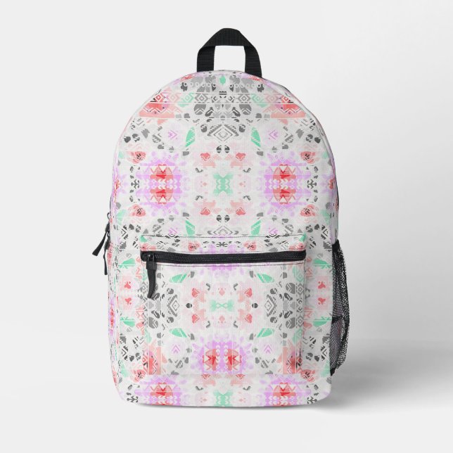 Cute colourful pastel floral aztec printed backpack (Front)