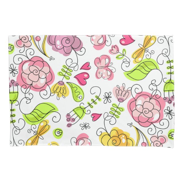 Cute Colourful Pastel Flowers Hears & Butterfly's Pillowcase (Front)