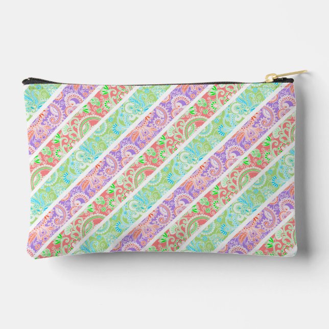 Cute colourful pastel flowers stripes accessory pouch (Back)