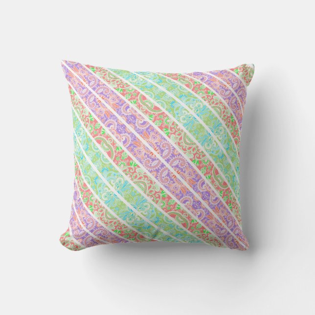 Cute colourful pastel flowers stripes cushion (Front)