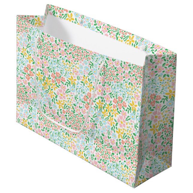 Cute Colourful Pastel Garden Flower Pattern Large Gift Bag (Front Angled)