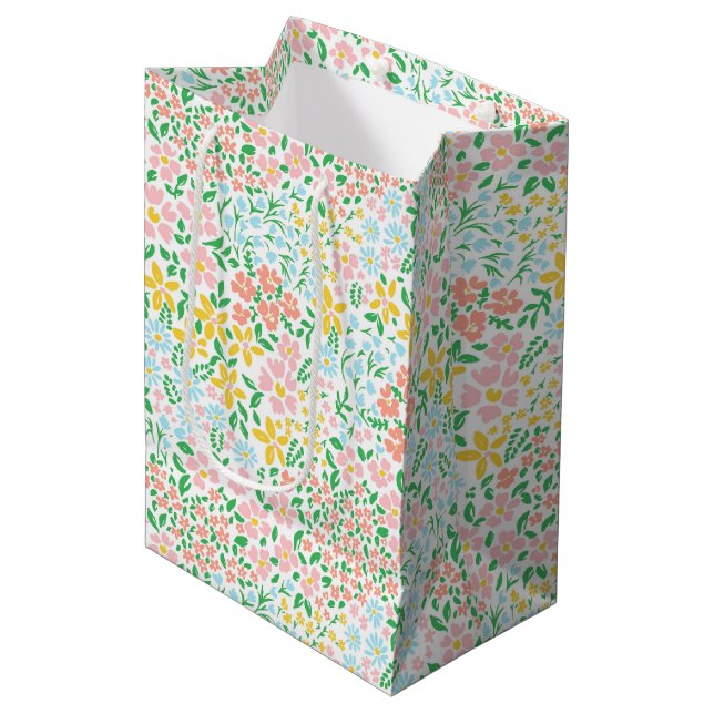 Cute Colourful Pastel Garden Flower Pattern Medium Gift Bag (Front Angled)