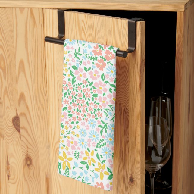 Cute Colourful Pastel Garden Flower Pattern Tea Towel (Thirds Fold)