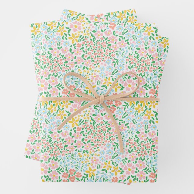 Cute Colourful Pastel Garden Flower Pattern Wrapping Paper Sheet (In situ)