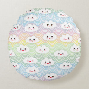 Cute Colourful Pastel Kawaii Clouds Pattern Round Cushion
