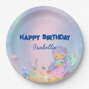 Cute colourful pastel mermaid Rainbow Birthday  Paper Plate
