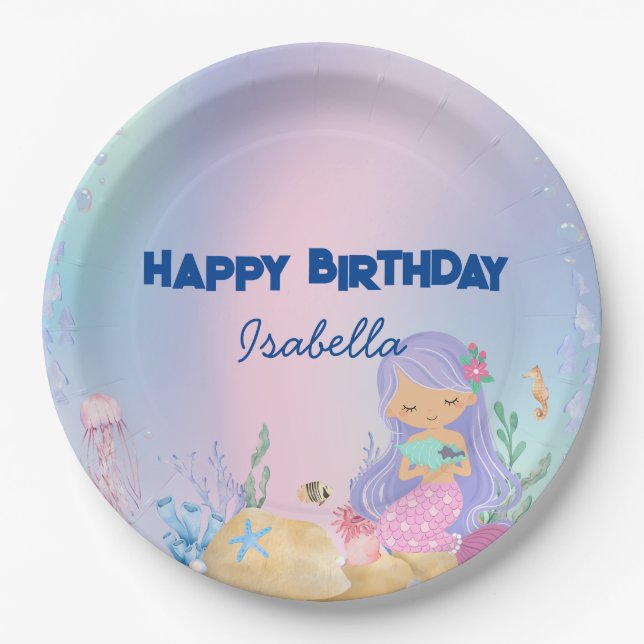 Cute colourful pastel mermaid Rainbow Birthday  Paper Plate (Front)