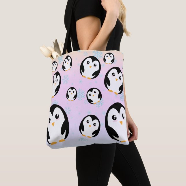 Cute colourful pastel penguin gradient pattern tote bag (Close Up)