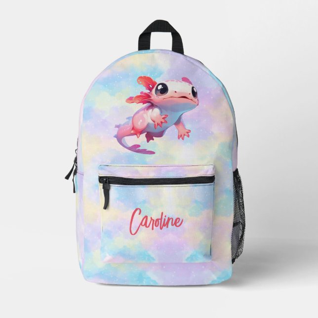 Cute Colourful Pastel Rainbow Axolotl Girl Name Printed Backpack (Front)
