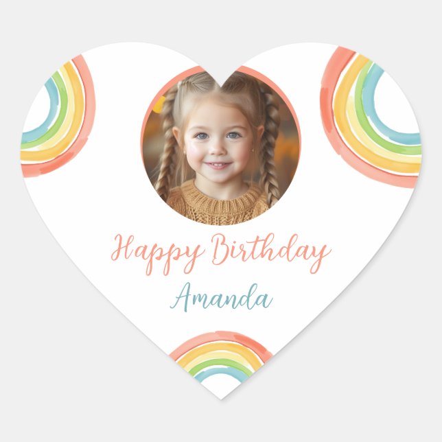Cute Colourful Pastel Rainbow Girls Photo Birthday Heart Sticker (Front)
