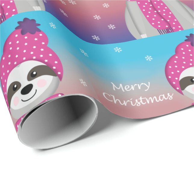 Cute colourful pastel sloth snow Merry Christmas Wrapping Paper (Roll Corner)