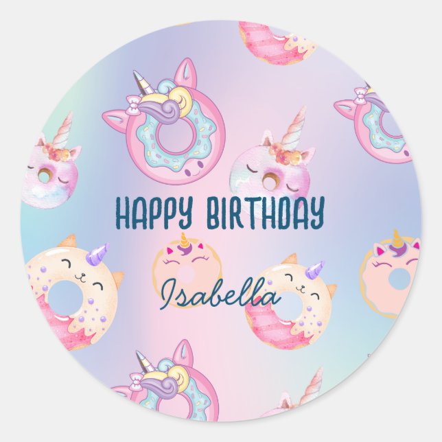 Cute colourful pastel Unicorns Rainbow Doughnuts Classic Round Sticker (Front)