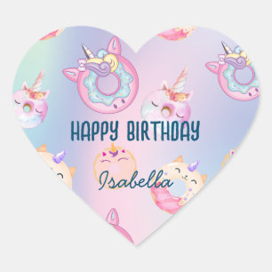 Cute colourful pastel Unicorns Rainbow Doughnuts Heart Sticker