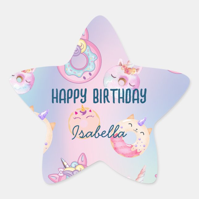 Cute colourful pastel Unicorns Rainbow Doughnuts Star Sticker (Front)