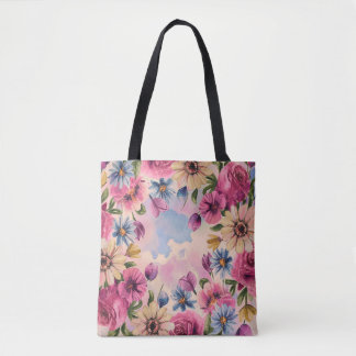 Cute colourful pastel watercolor floral tote bag