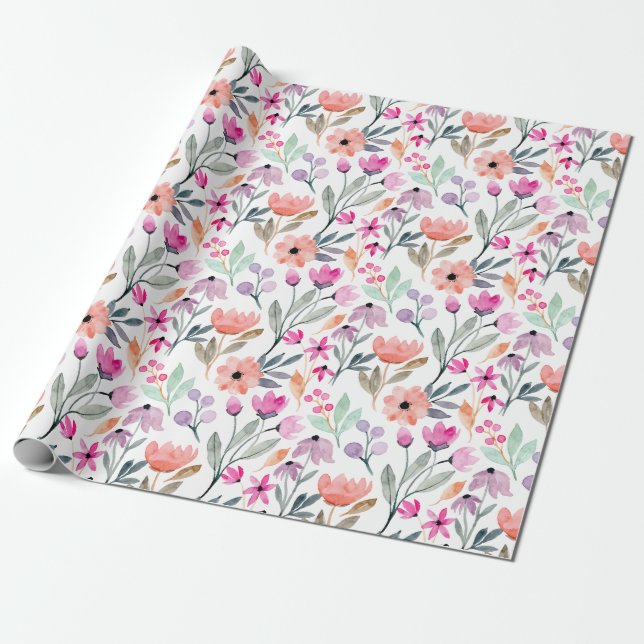 Cute Colourful Pastel Watercolor Flowers Pattern Wrapping Paper (Unrolled)