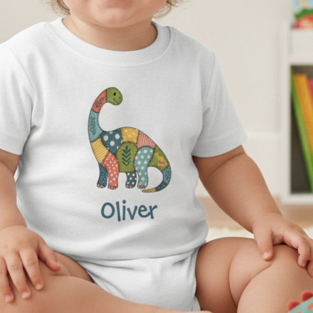 Cute Colourful Patchwork Dinosaur Baby T-Shirt (Creator Uploaded)