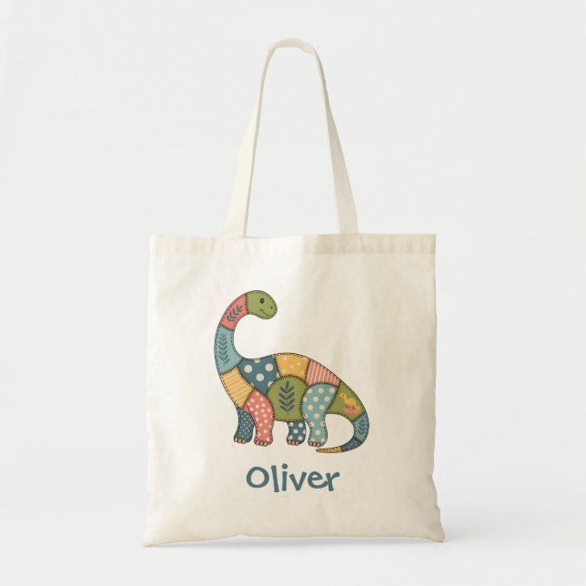 Cute Colourful Patchwork Dinosaur Tote Bag (Front)