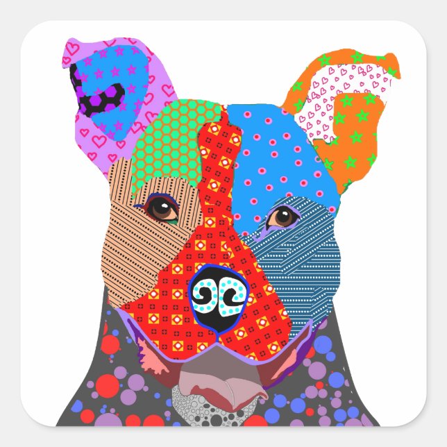 Cute Colourful Patchwork Pitbull Dog Square Sticker (Front)