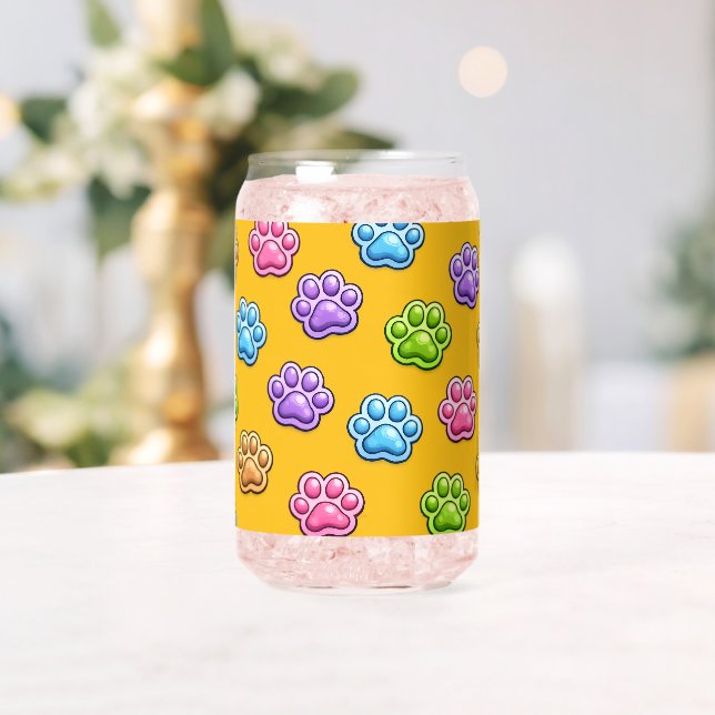 Cute Colourful Paw Print Pattern Cartoon Style Can Glass (Insitu (Wedding))