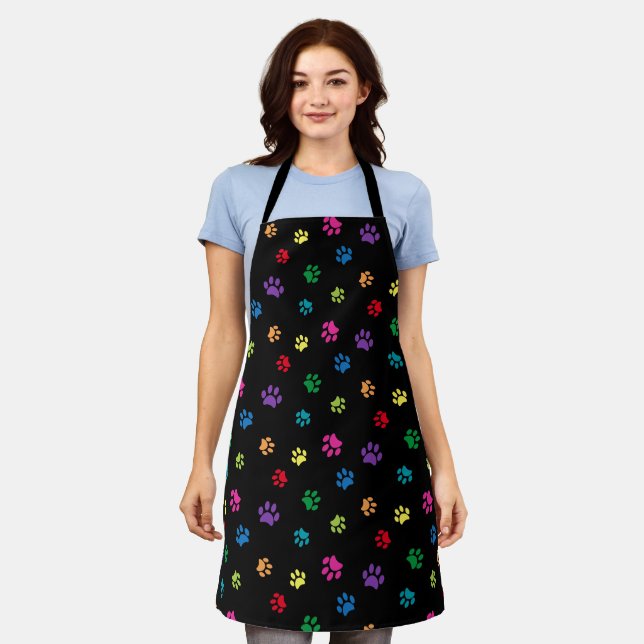 Cute Colourful Paw Prints Pattern Black Apron (Worn)