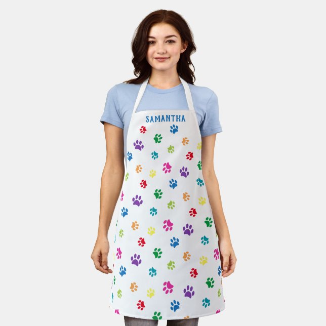 Cute Colourful Paw Prints Pattern Custom Apron (Worn)