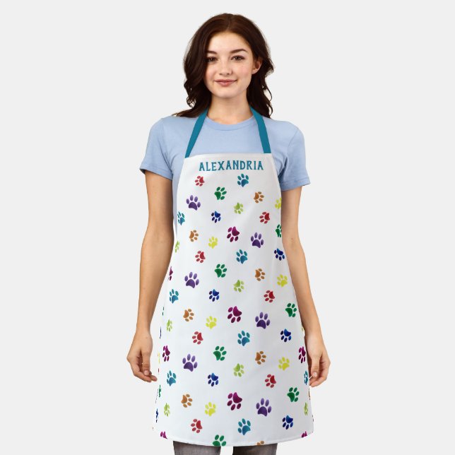 Cute Colourful Paw Prints Pattern Personalised Apron (Worn)