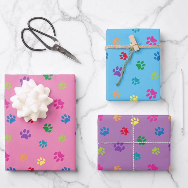 Cute Colourful Paw Prints Pattern Pink Blue Purple Wrapping Paper Sheet (Front)