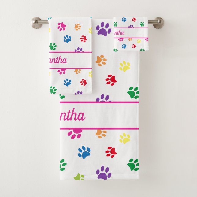 Cute Colourful Paw Prints Personalised Bath Towel Set (Insitu)