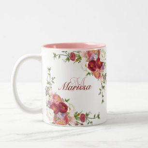 Cute Colourful Peony Flowers Girly Name Monogram  Two-Tone Coffee Mug