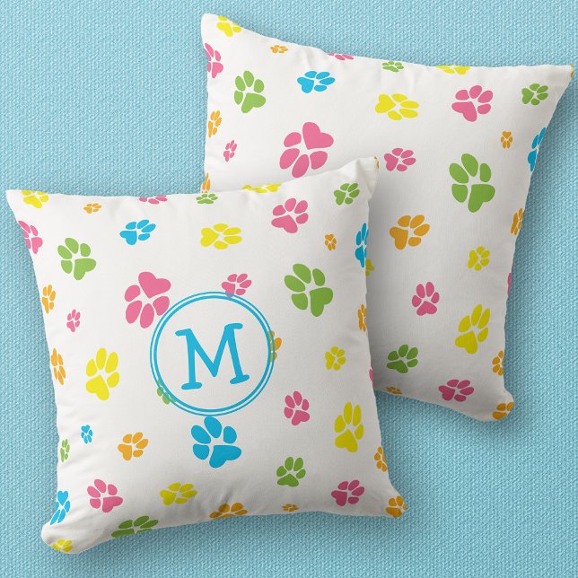 Cute Colourful Pet Dog Paw prints Pattern Monogram Cushion (Creator Uploaded)