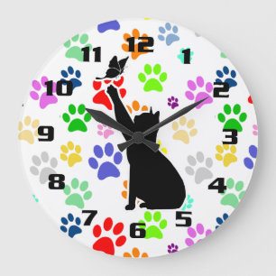 Cute Colourful Pet Paw Cat chasing a butterfly Large Clock