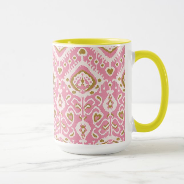 Cute colourful pink and gold ikat tribal patterns mug (Right)