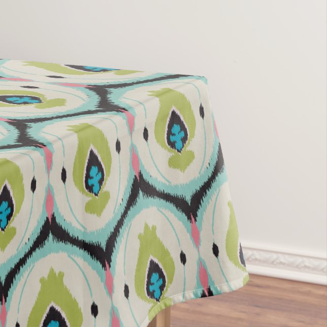 Cute colourful pink green ikat tribal patterns tablecloth (In Situ)