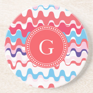Cute colourful pink red abstract pattern monogram coaster