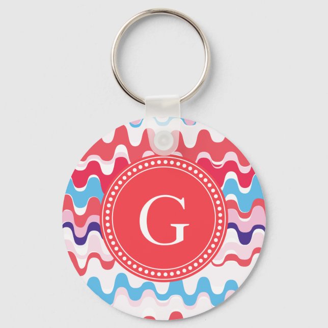 Cute colourful pink red abstract pattern monogram key ring (Front)