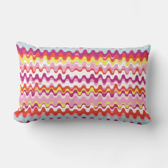 Cute colourful pink red abstract wave pattern lumbar cushion (Front)
