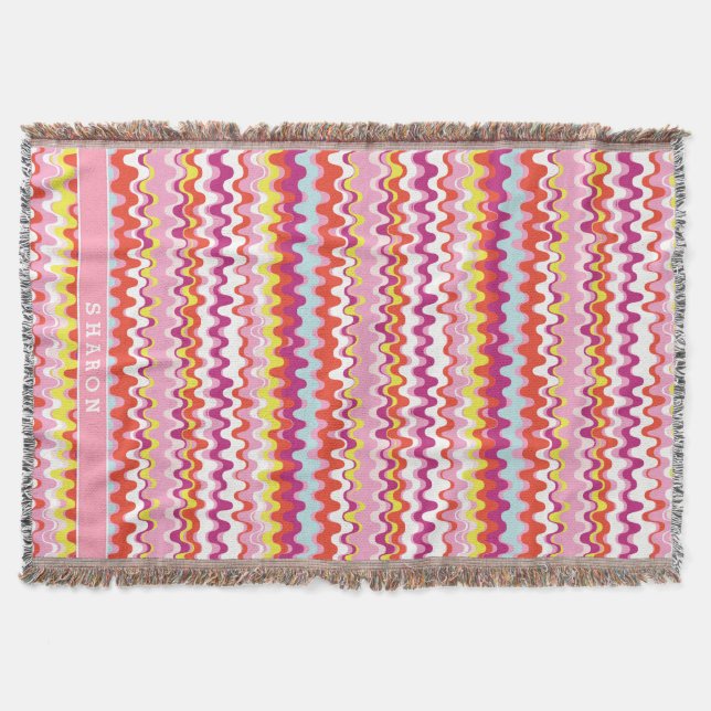 Cute colourful pink red abstract wave pattern throw blanket (Front)