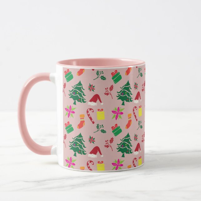 Cute Colourful Pink Red Merry Christmas Pattern  Mug (Left)