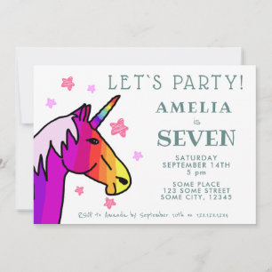Cute Colourful Pink Unicorn Star Kids Birthday Invitation