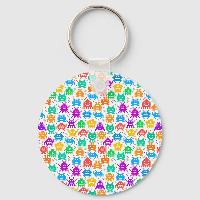 Cute colourful pixelated monsters patterns key ring (Front)