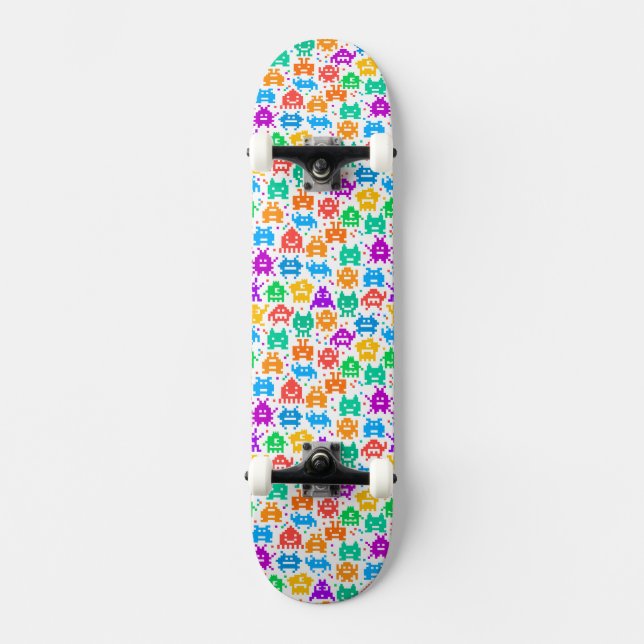 Cute colourful pixelated monsters patterns tablecl skateboard (Front)