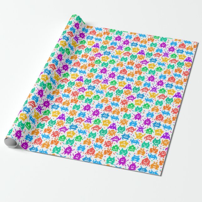 Cute colourful pixelated monsters patterns wrapping paper (Unrolled)