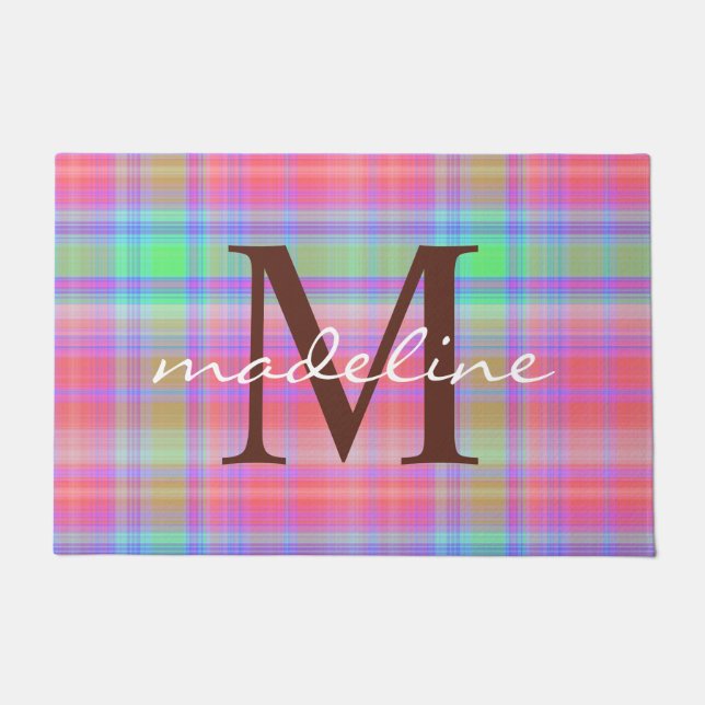 Cute Colourful Plaid Stripes Pattern Monogram Doormat (Front)