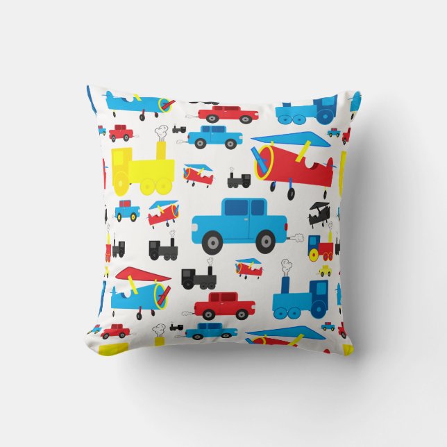 Cute Colourful Planes, Trains and Cars Collage Cushion (Front)