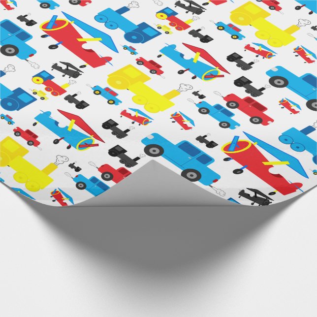 Cute Colourful Planes, Trains and Cars Collage Wrapping Paper (Corner)